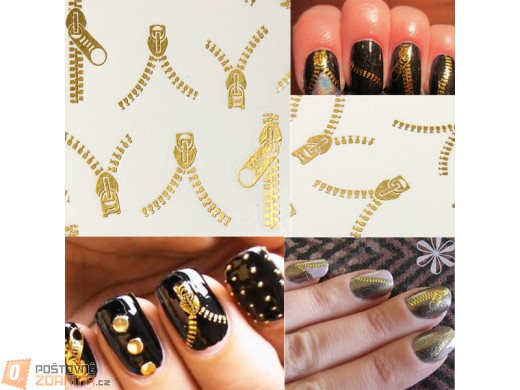 20 kusů dekorace na nehty v designu zipu - zlatá barva