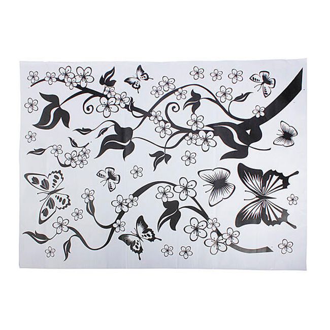 Стикер за стена с черен мотив на цветя и пеперуди 1
