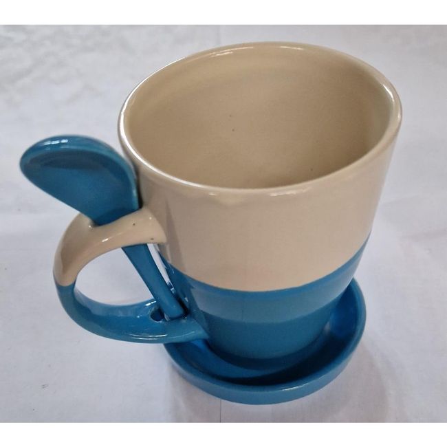 Kubek ceramiczny z łyżeczką i wielofunkcyjną pokrywką, biały - niebieski ZO_64459-590 1