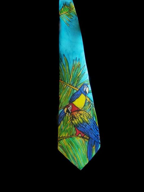 Hedvábná ručně malovaná kravata Papoušek 1