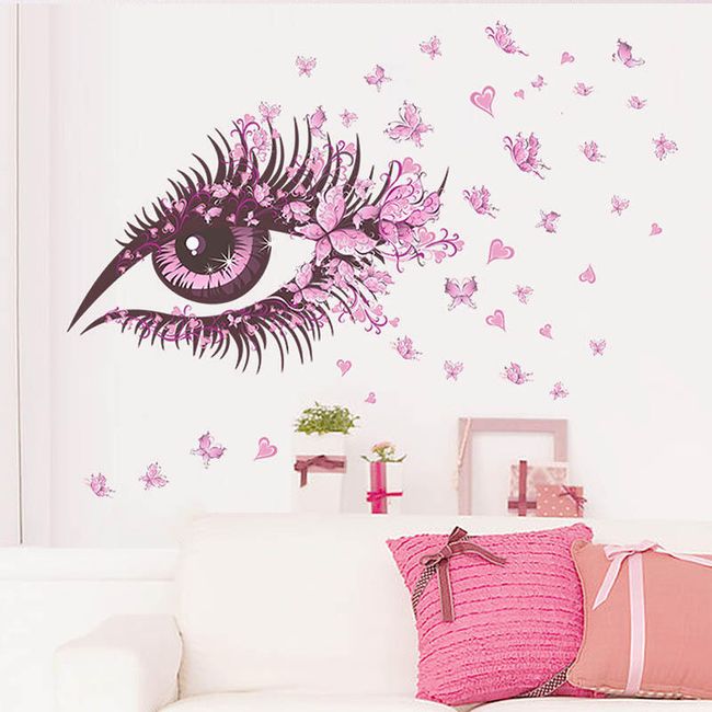 Стикер за стена - розово око с пеперуди 1