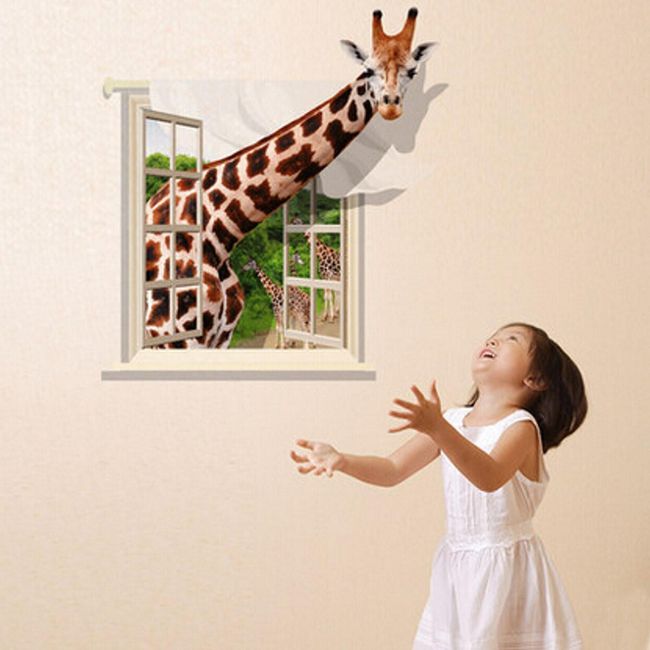 Naklejka 3D na ścianę - Okno i żyrafa 1