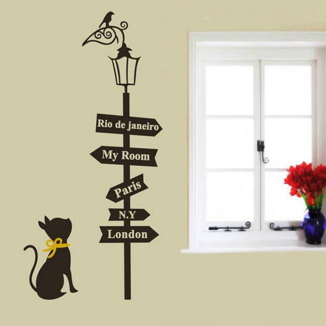 Samolepka na zeď - rozcestník/lampa s kočkou 1