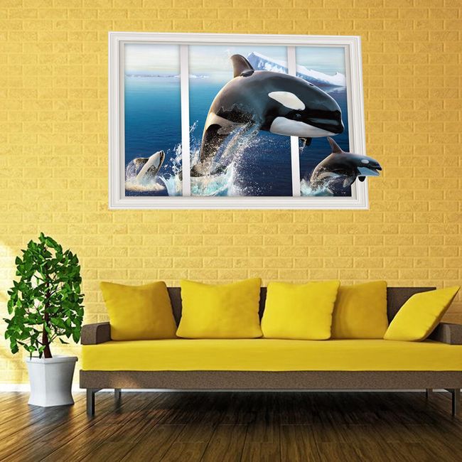 Autocolant de perete 3D - Fereastra cu balene ucigașe 1
