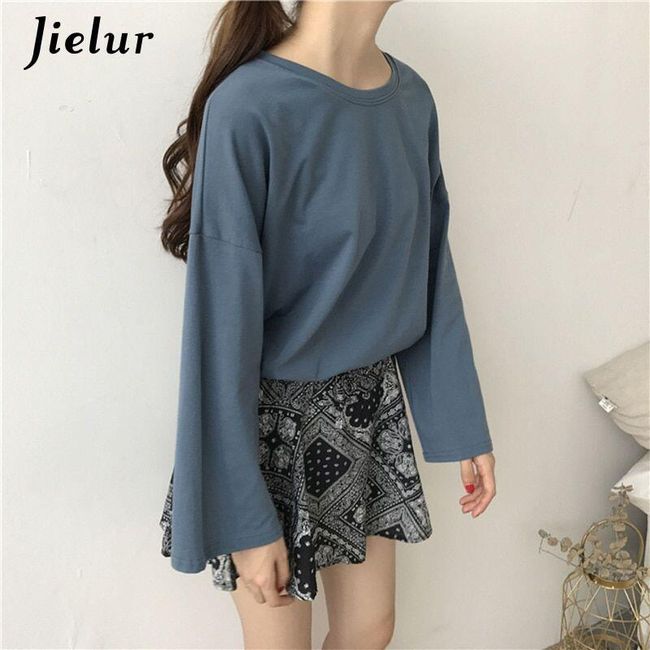 Jielur Tshirt 7 Kolor stały Harajuku T Shirt Kobiety Flare Rękaw Podstawowy Koreański Top Femme Długi rękaw Biały T-shirt Ropa Mujer SS_32911759158 1