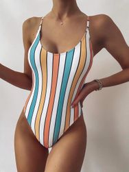 Ženski jednodelni kupaći striped colorful swimwear