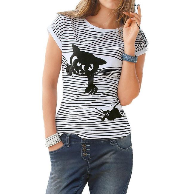 Дамска раирана тениска с котка - 2 цвята 1
