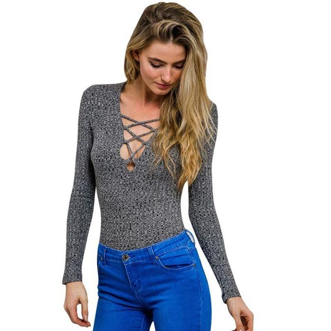Дамски пуловер с дантела в сиво 1
