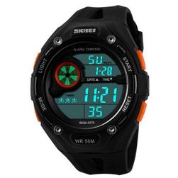 Sportovní digitální hodinky pro muže v černooranžové barvě
