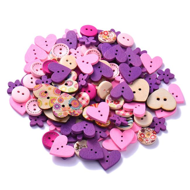 100 dřevěných knoflíčků ve tvaru srdce - 3 barvy 1