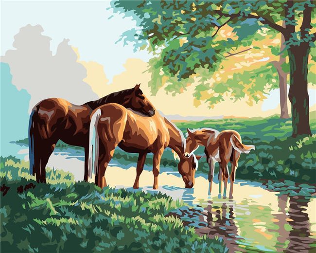 Maľovanie podľa čísel - kone pri rieke 1