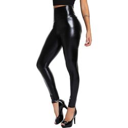 Női magas derekú műbőr leggings, fekete fényes, XS - XXL méretben: ZO_261915-XS