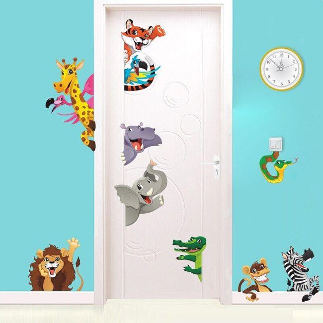 3d kreslená zvířata samolepky na dveře pro dětský pokoj ložnice domácí dekorace DIY Safari nástěnné nálepky lev slon zebra nástěnné umění SS_32899082336 1
