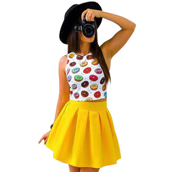 Dvoudílné šaty s barevnou sukní a vrchní částí s motivy koblih a zmrzliny - 3 varianty 1