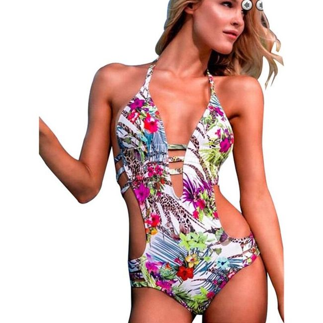 Jednodijelni kupaći kostim s cvijećem i dubokim dekolteom - 4 veličine 1