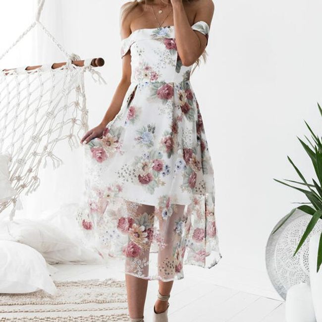 Елегантна бяла рокля с цветя 1