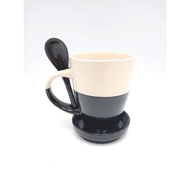 Kubek ceramiczny z łyżeczką i wielofunkcyjną pokrywką, biało-czarny ZO_64458-590 1