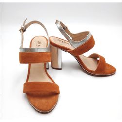 Skórzane sandały damskie na obcasie - brązowe, wada kosmetyczna, ROZMIARY BUTÓW: ZO_87855-36