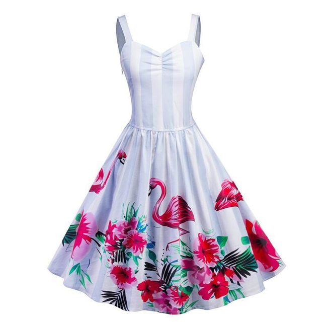 Бяла винтидж рокля с фламинго 1