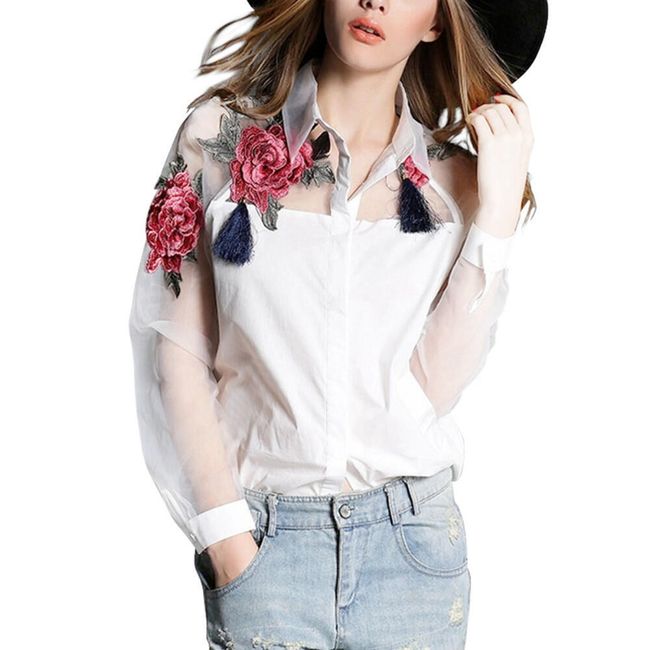 Дамска риза с прозрачни ръкави и флорална апликация - 2 цвята 1