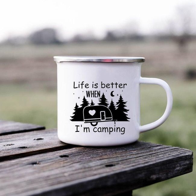 Приключението очаква къмпинг чаши Щастливи къмпингари Campfire чаша Емайл къмпинг чаши на открито Campervan кафе дръжка чаша Camper Van подарък SS_1005003633679119 1