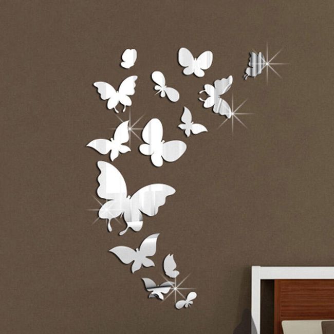 Samolepka na stenu v podobe zrkadla zo 14 ks malých motýľov - strieborná farba 1