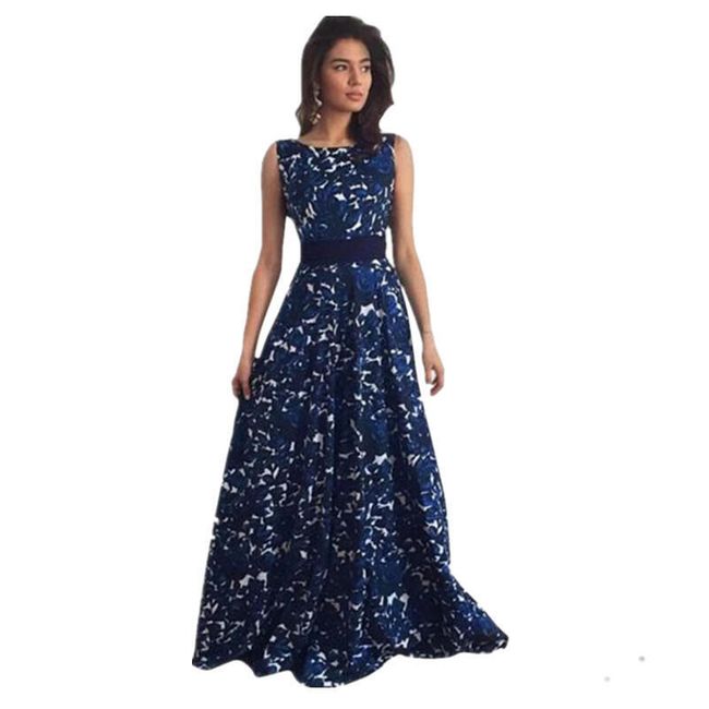 Ženska dolga obleka z motivom temno modrih vrtnic 1