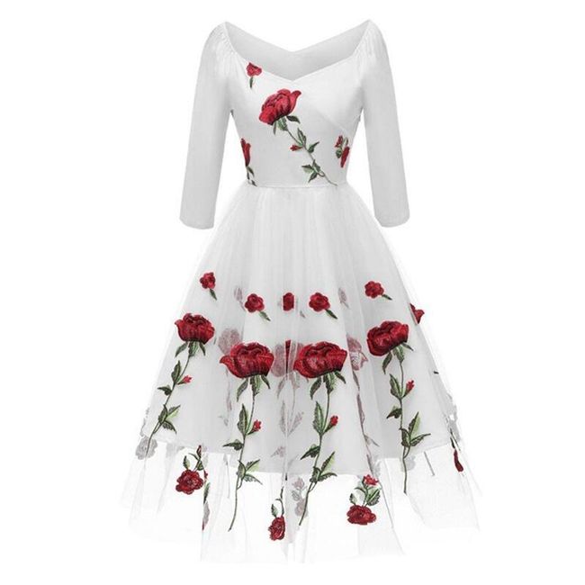 Дамска рокля с бродерия от рози - 3 цвята Бяло - размер 4, Размери XS - XXL: ZO_229692-L 1