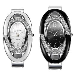 Дамски метален часовник с овален циферблат и кристали