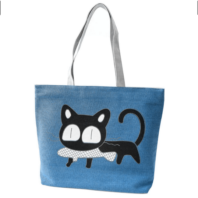 Голяма дамска чанта с черна котка - светлосиня ZO_ST00259 1