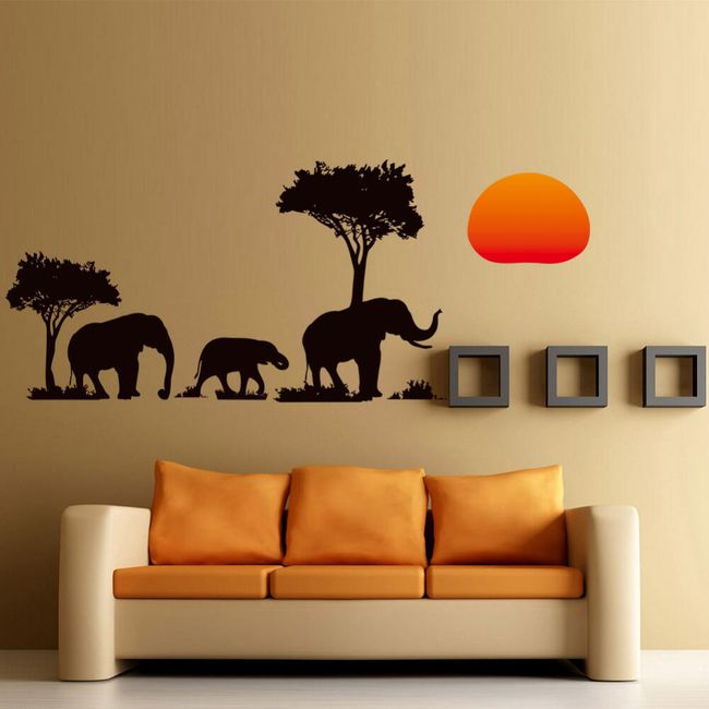 Samolepka na stenu - slony v západu slnka 1