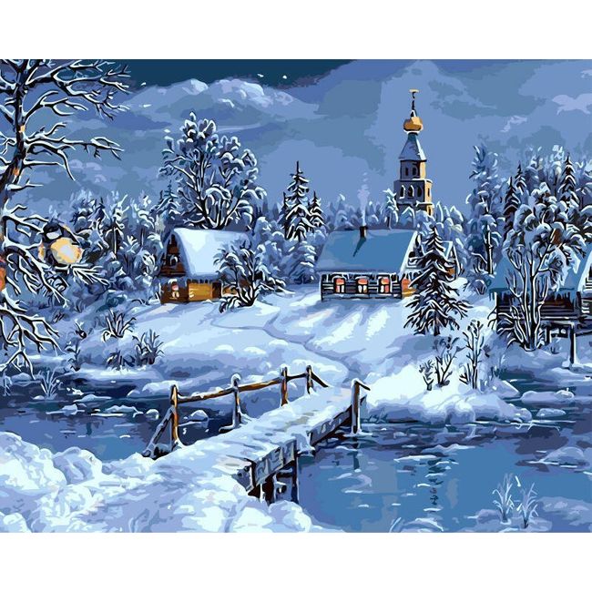 DIY obraz k vybarvení - zimní vesnice 1
