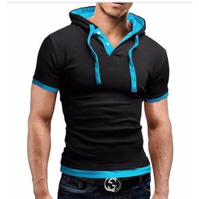 Tricou de modă pentru bărbați cu glugă și nasturi Negru - albastru, mărimea 4, Mărimi XS - XXL: ZO_223491-L 1