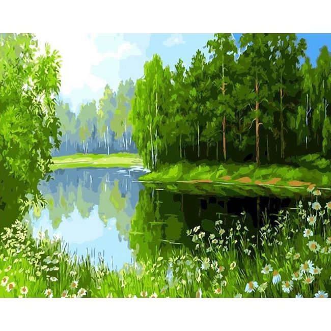 DIY obraz k vybarvení podle čísel - rybník v lese 1