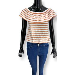 Дамска тениска с елегантна кройка, MOUSQUETON, бели и оранжеви райета, Текстил размер CONFECTION: ZO_16964c72-b36f-11ed-a76c-4a3f42c5eb17
