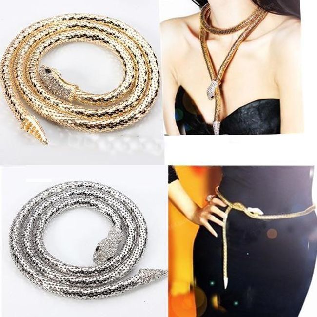 Šperk ve tvaru hada zdobený kamínky - náhrdelník a pásek 2v1 1