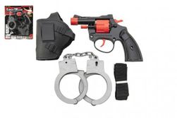 Pistolet kapiszony, 8 naboi, plastikowy, 13 cm z kaburą z kajdankami na kartonie RM_00850406