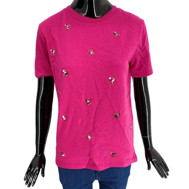 Damska koszulka z krótkim rękawem, ETAM, różowa z cekinowymi serduszkami, rozmiary XS - XXL: ZO_e89d841a-b42d-11ed-b334-4a3f42c5eb17 1