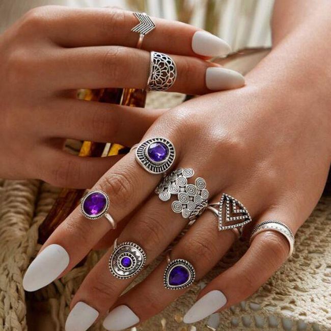 Tocona 9 sztuk/ komplet  pierścionków Purple Rhinestone Vintage , kwiaty ,geometryczne kształty  SS_4000068079722 1