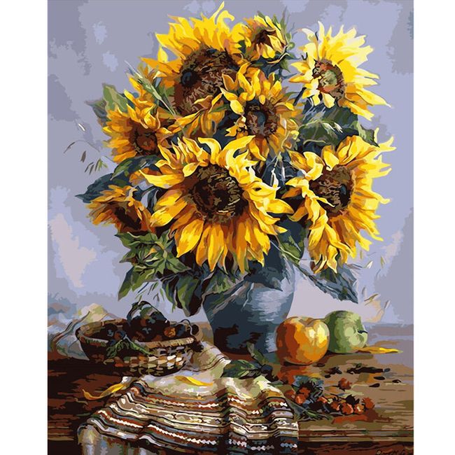 Nedokončená maľba bez rámu 40 x 50 cm - Váza so slnečnicami 1