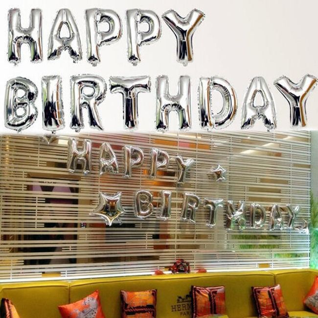 Balonkový nápis Happy Birthday ve stříbrné barvě 1