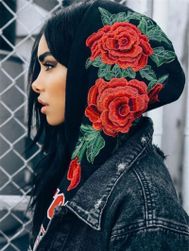Hanorac cu glugă pentru femei cu broderie de trandafiri pe glugă - 4 mărimi