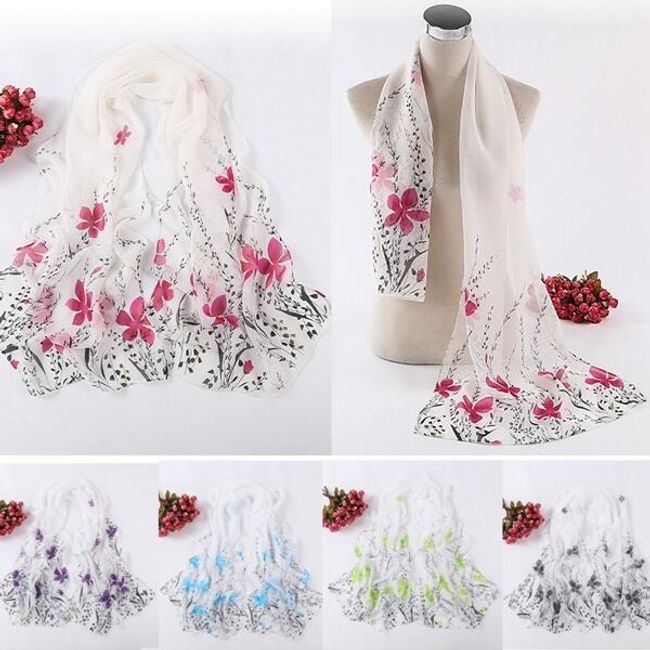 Bílý jemný šátek s barevnými květinami 1