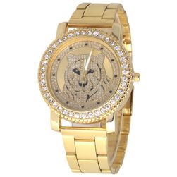 Metalowy zegarek damski z tygrysem i dżetów