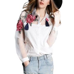 Дамска риза с прозрачни ръкави и флорална апликация - 2 цвята