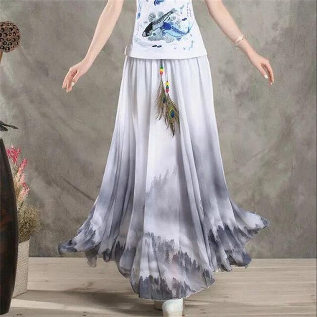 Rozmanitá sukně s ozdobným pavím pírkem na léto - dlouhá 1