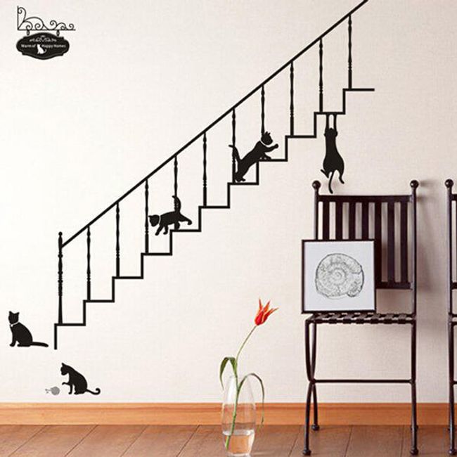 Samolepka na zeď - schodiště plné koček 1