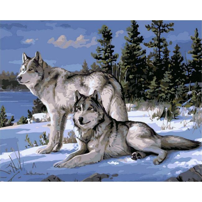 Festés egy képet a számok alapján - farkasok motívuma havas tájban 1