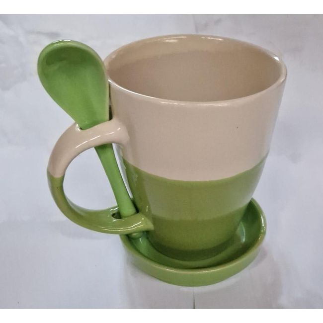 Kubek ceramiczny z łyżeczką i wielofunkcyjną pokrywką, biało-zielony ZO_64460-590 1