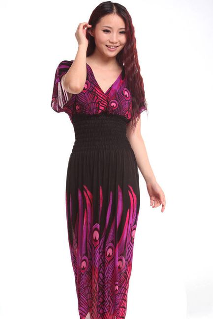 Дамска дълга рокля с мотиви на паун - 3 цвята 1